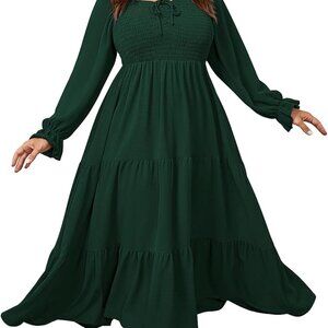 Plus Size Maxi Dress Women's Long Sleeve Square Neck Smocked A Line Formal